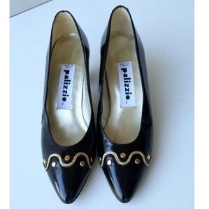 Vintage Palizzio Gold Black Leather Point toe heel Pumps Heel Size 7